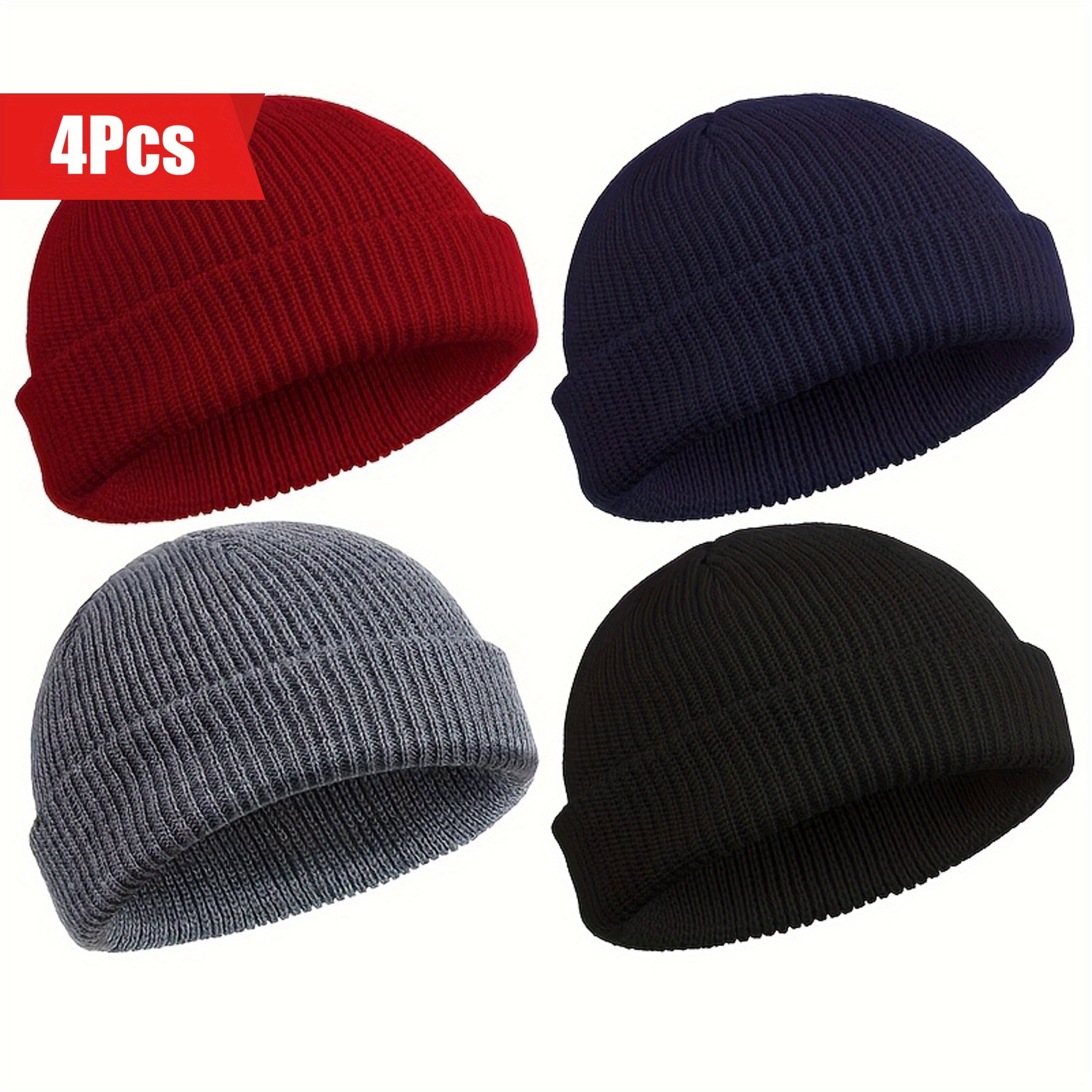 

4-pack Knitted Beanies For Men And Women - Polyester Woven Skull Caps - Hand Washable Roll-up Edge Fisherman Style Winter Hats - No Feather