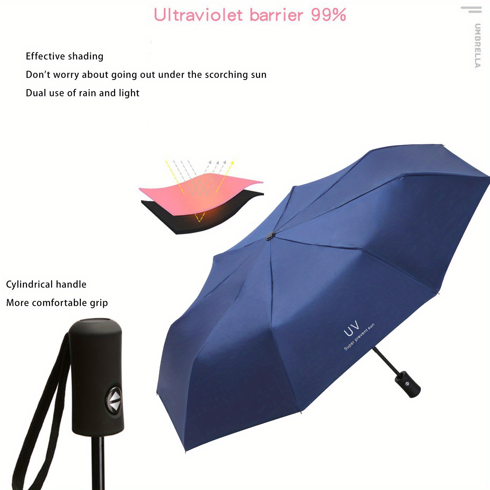 

Uv Protection Automatic Folding Umbrella For Women, 8 Ribs , Plastic Handle, 190t Fabric, Casual Fashion Minimalist Style, Dual Use For Sun And Rain With 99% Ultraviolet Barrier, And Portable