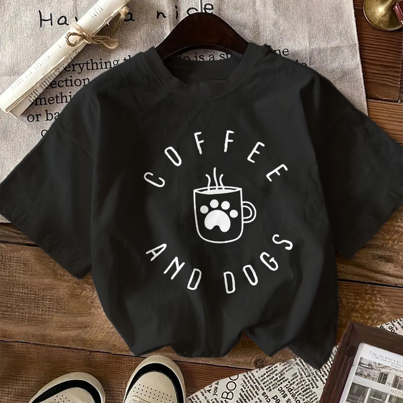 

Cotton Casual T-shirt With Coffee And Dogs Print, Round Neck, All-season Knit Fabric, Regular Fit - Alphabet Pattern Short Sleeve Top