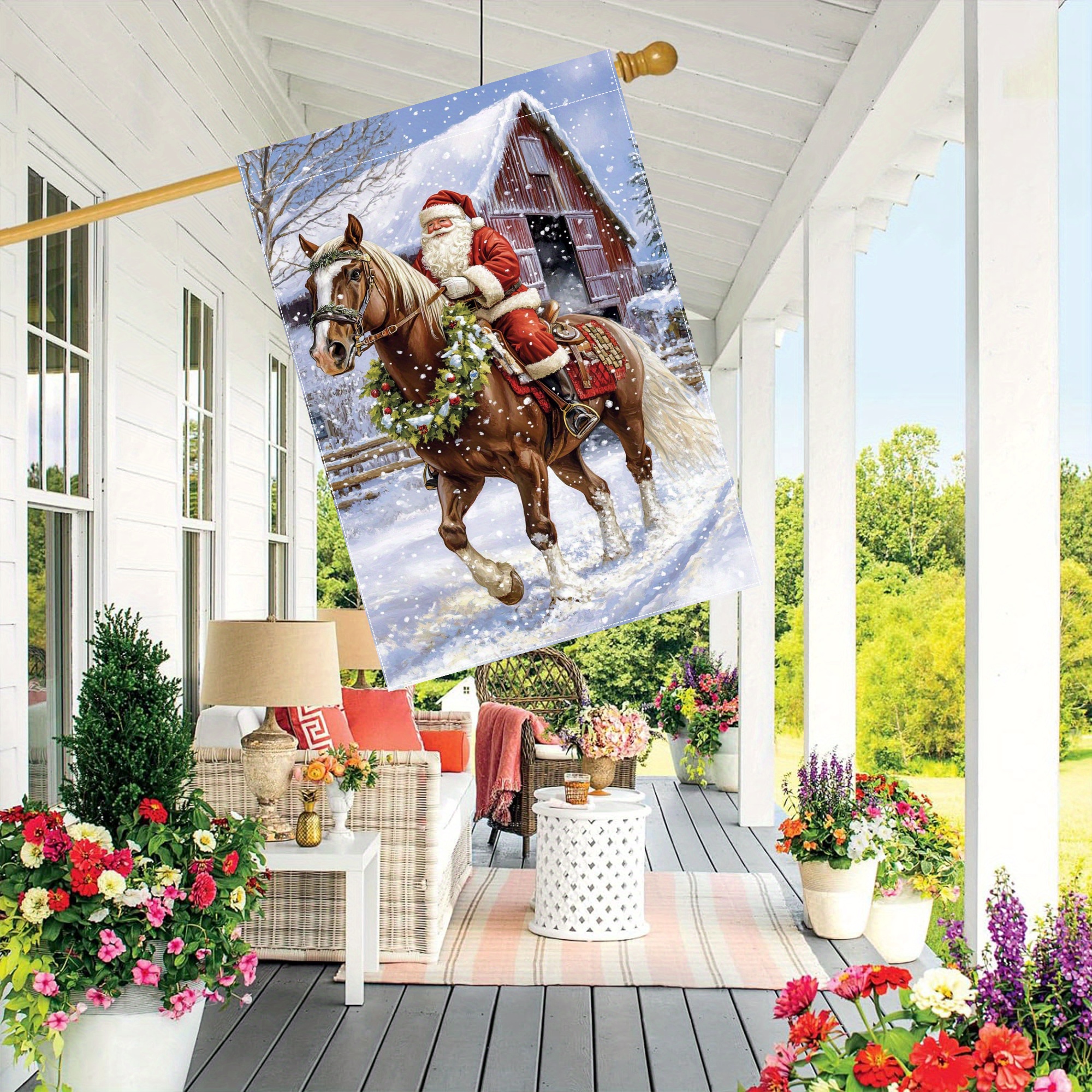 

Santa Claus Riding Horse Double-sided Garden Flag - Durable Polyester Outdoor Decorative Flag For Yards And Lawns - Festive Seasonal Display, No Power Supply Required, 28x40 Inches