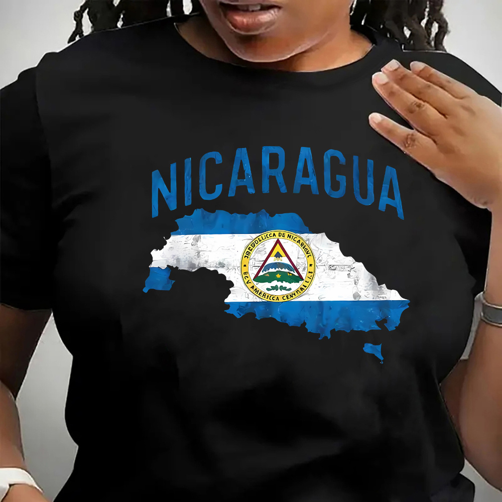 

Nicaragua Flag Print T-shirt For Women, Casual Short Sleeve Crew Neck Tee, Polyester Spandex Knit Fabric, All Season