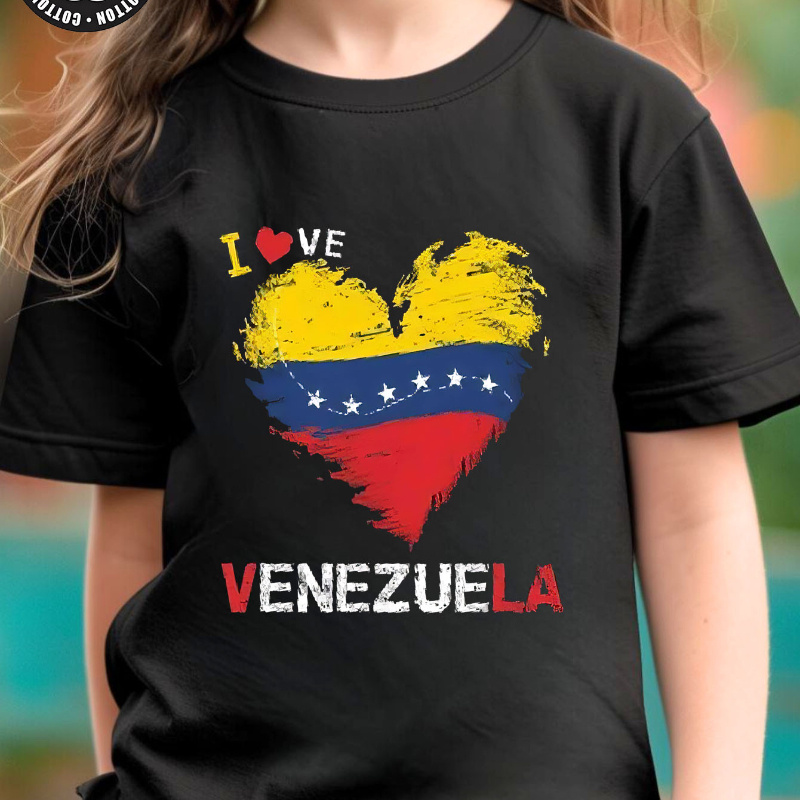 

I Love Venezuela" Patriotic Cotton T-shirt For - Soft & Comfy, Crew Neck, Short Sleeve, Spring/summer/fall, Machine Washable, Black With Stripes , Tee|cute |