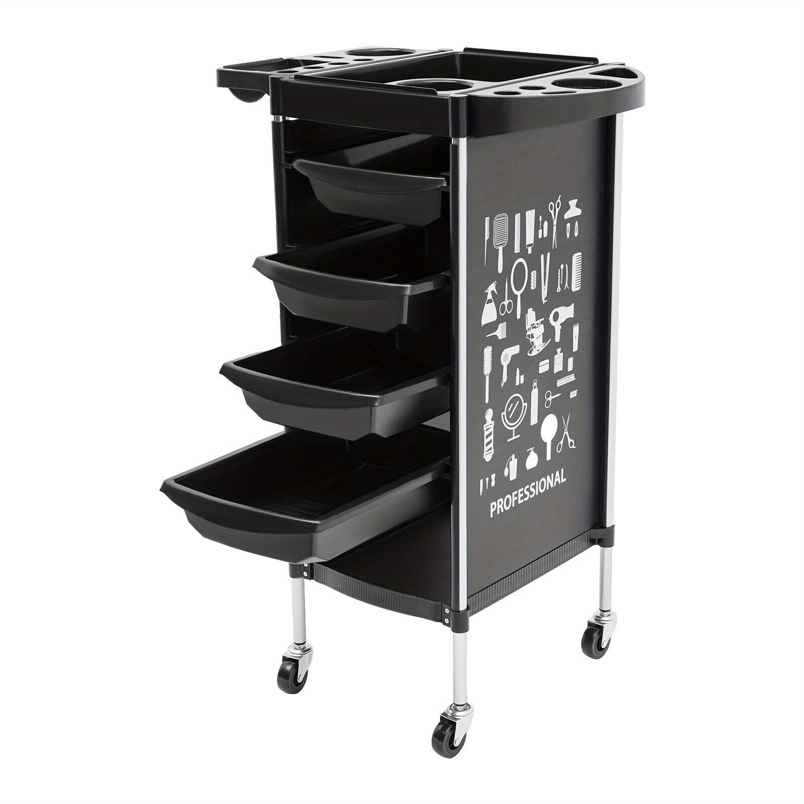Barber Shop Hair Salon Tool Cart With 4 Drawers - Black, Salon Trolley Load-bearing Capacity 30-50kg