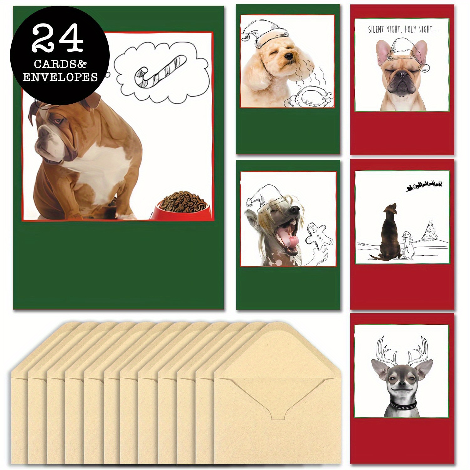 

24-pack Christmas Dog Themed Greeting Cards With Envelopes, 6 Designs, Simple & Funny, Cards For Friends & Family, Perfect For Birthday, Thanksgiving, , Paper Material, No Feathers