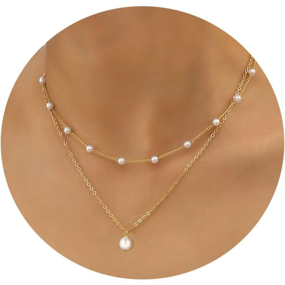 

Golden Imitation Pearl Necklace For Women, 14k Golden Plated Layered Imitation Pearl Necklaces For Women Trendy Simple Herringbone Chain Imitation Pearl Necklace For Women Gifts