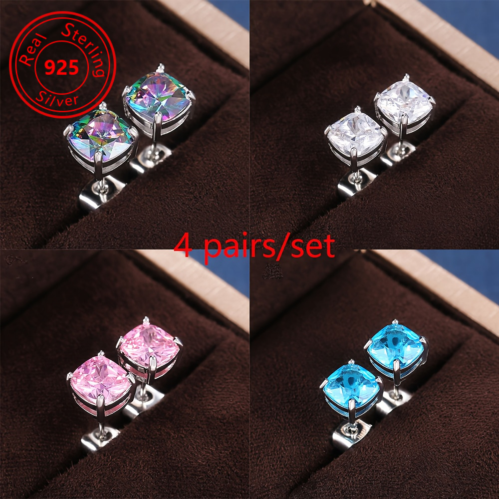 

4 Pairs/ Set Of Luxury 925 Sterling Silver Round Cut Matching Zircon Earrings Women's Small Fresh Earrings Jewelry Accessories