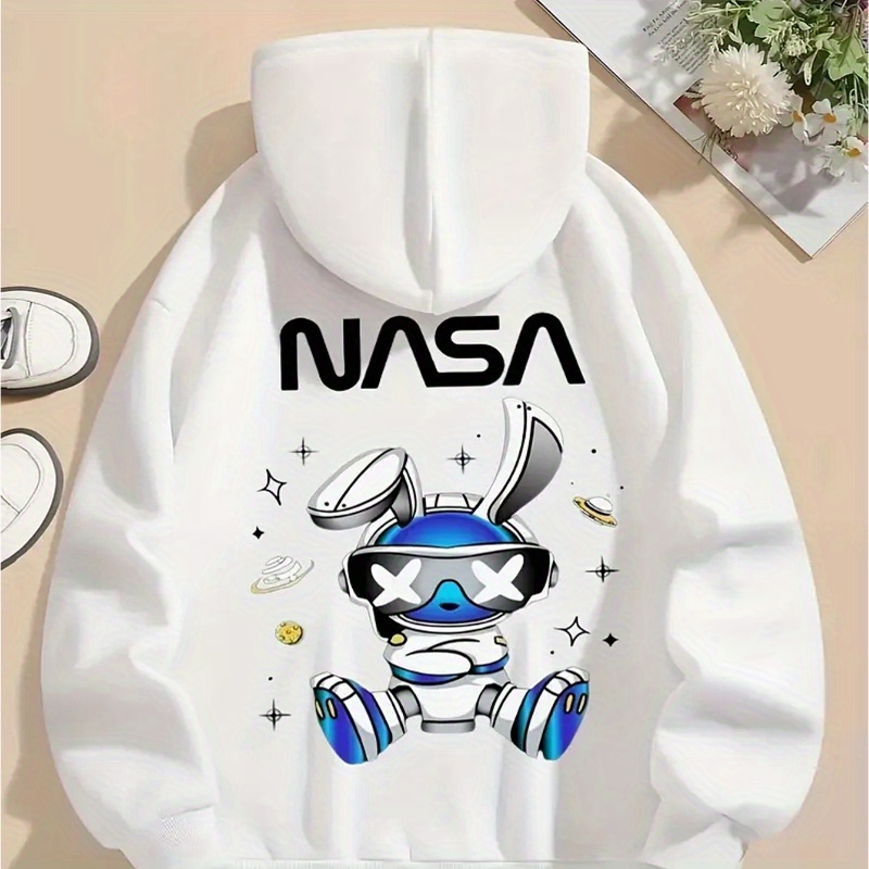 

Nasa Cartoon Astronaut Print Casual Hoodie - Knit Fabric, 100% Polyester, Long Sleeve Pullover For Fall/winter, Hooded Sweatshirt With Drawstring