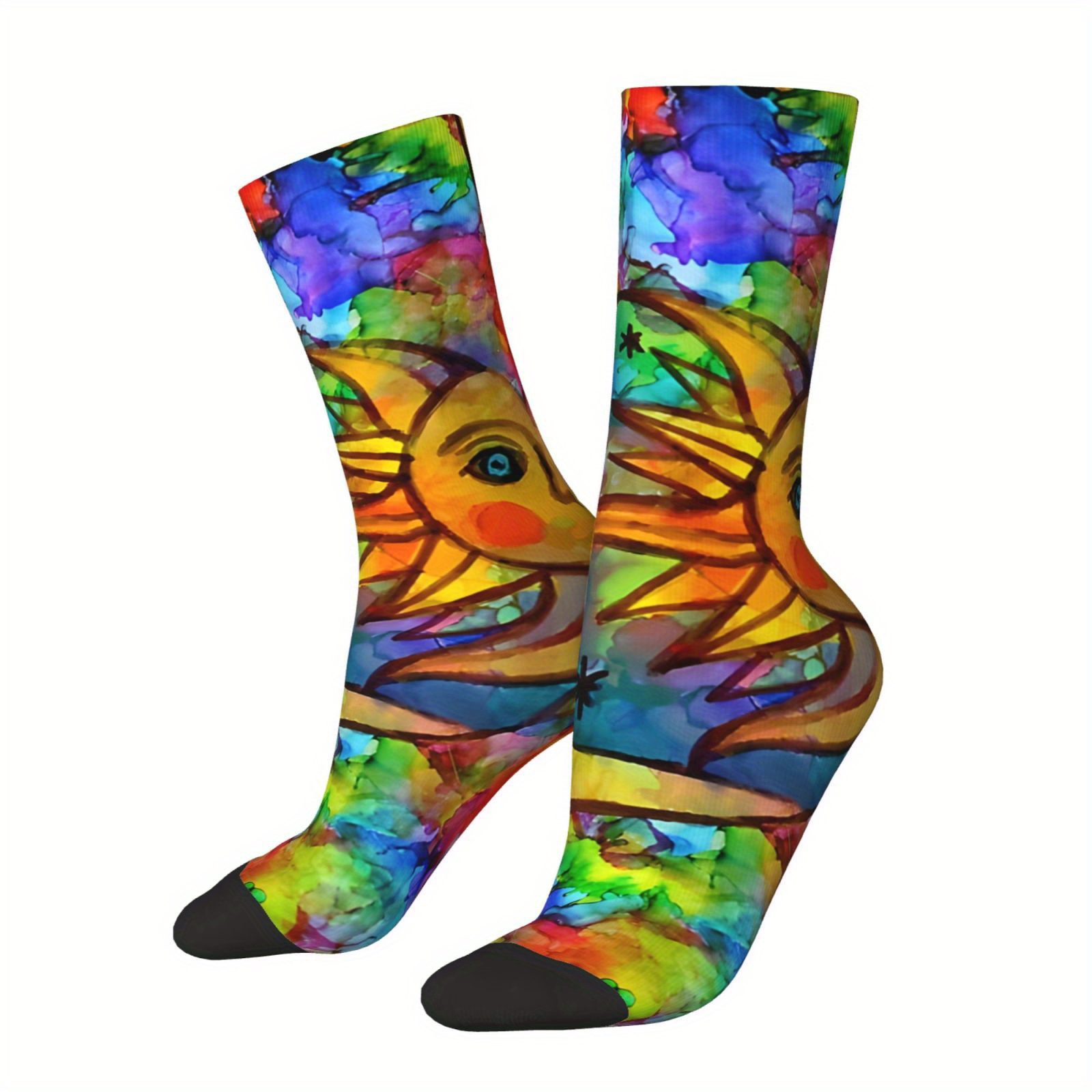 

Men's Fun & Colorful Socks - Sun, Moon & Rainbow Print | Novelty Hip Hop Style Crew Socks For Casual Wear