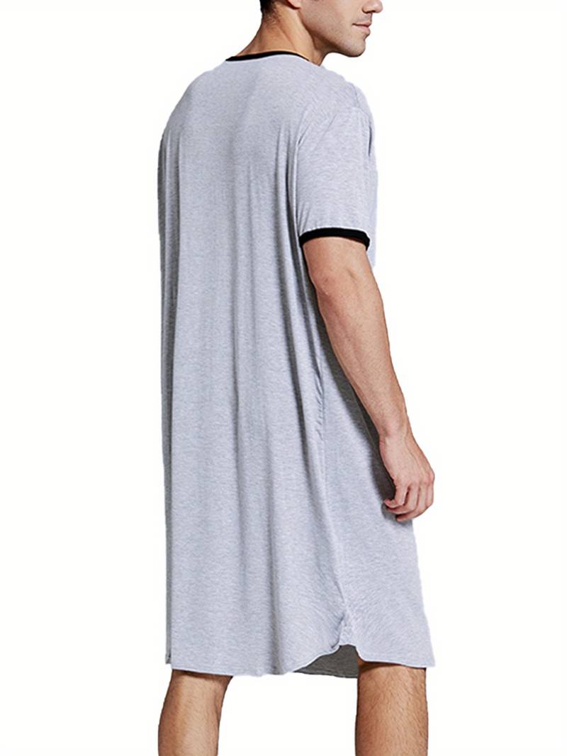 Pyjama Homme Coton Manches Courtes - Chemise De Nuit Col V, Longue, Confortable Et Ample