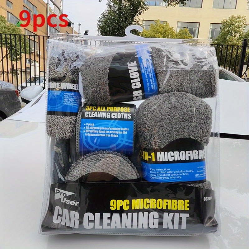 

9-piece Car Wash Kit With Microfiber Towels, Gloves, Detail Cloths, Waxing Sponges, And Wheel Brushes - Maintenance