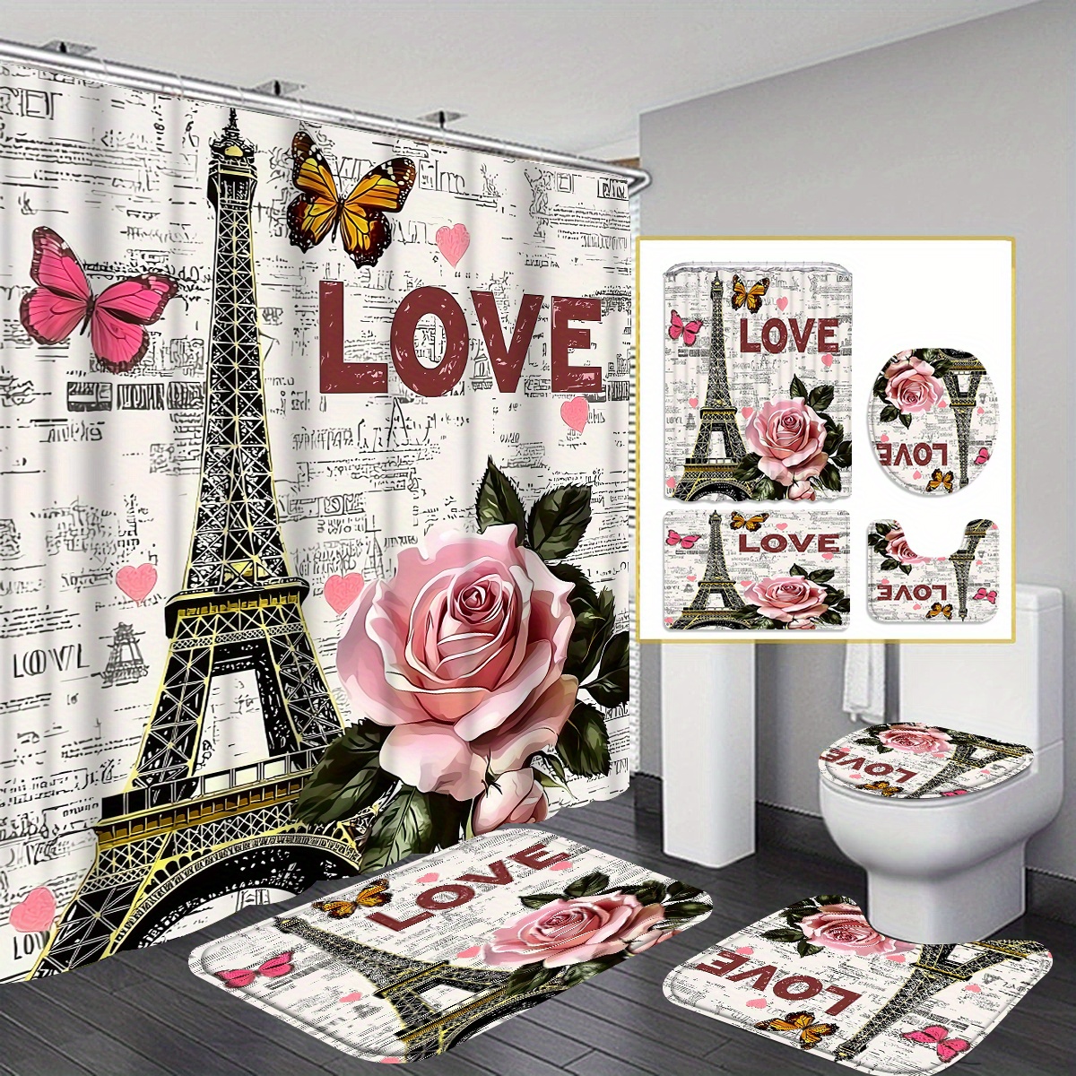 

: Shower Curtain Set With 12 Hooks, Bath Mat, And Toilet Seat Covers - , Waterproof, And