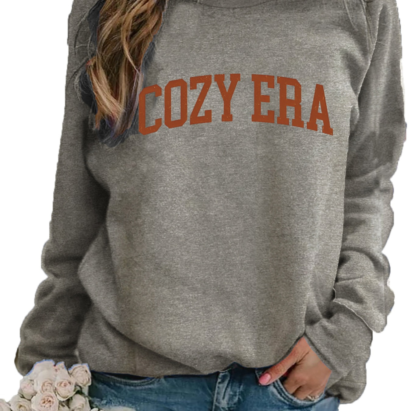 

Casual Cotton-blend Sweatshirt For Women - Crew Neck Long Sleeve Pullover With Alphabet Applique, Knit Fabric, Regular Fit For Daily Wear - Spring/summer/fall Cozy Era Print Sweatshirt