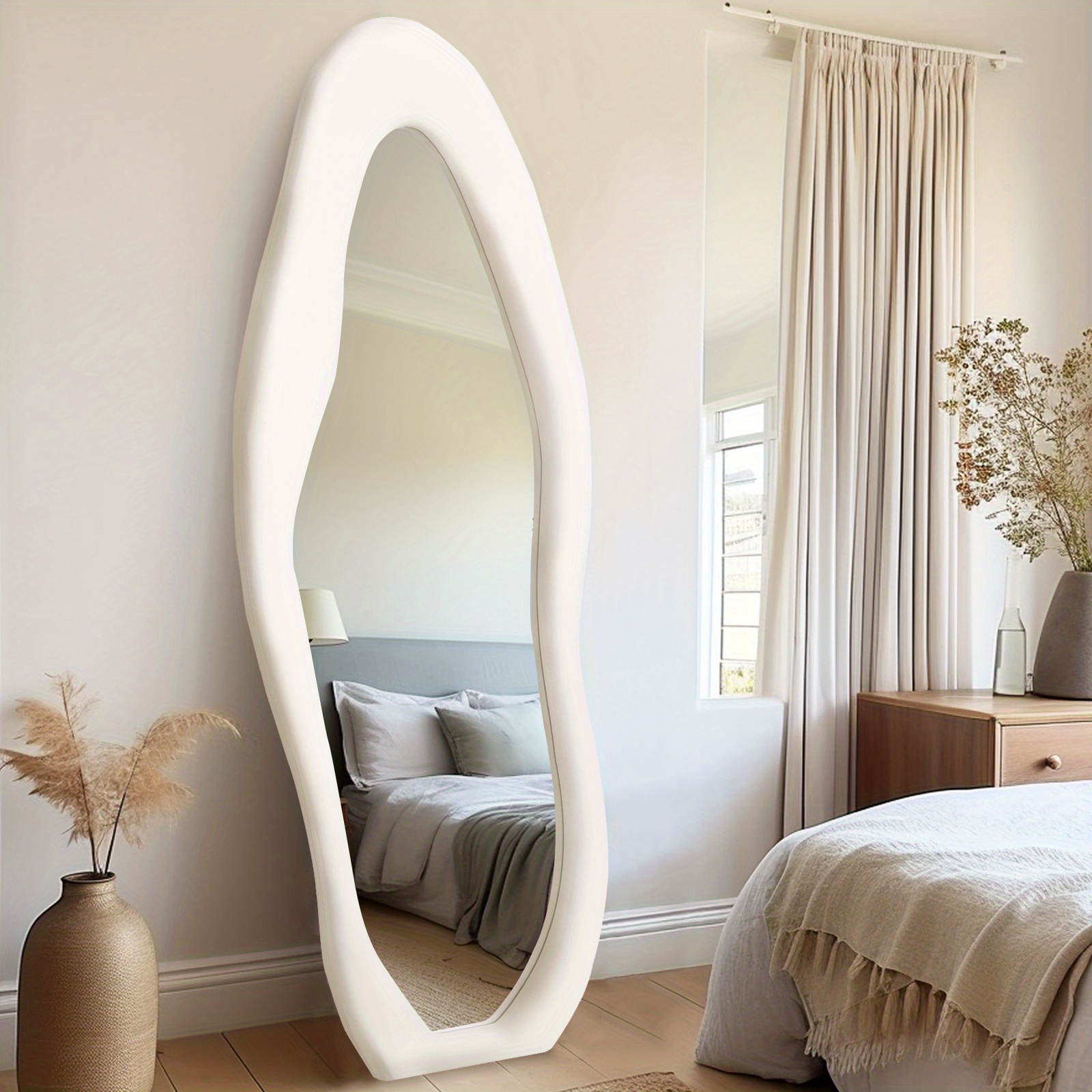 

1pc Full Length Mirror 63"x24" Irregular Full Body Mirror Wall Mounted Floor Mirror With Stand White Flannel Wrapped Wooden Frame Hanging Wall Mirror For Bedroom Entrance