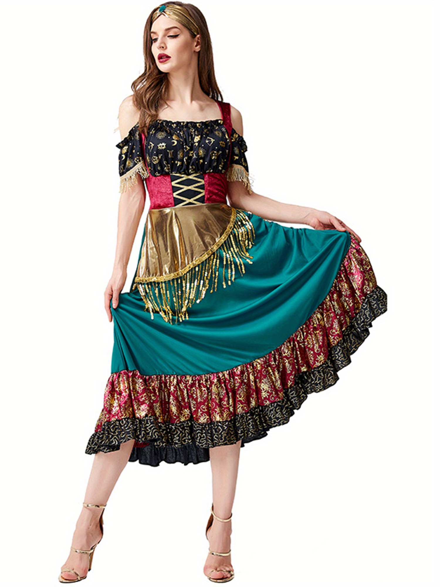1pc vintage gypsy costume dress for women - geometric pattern polyester  pencil dress with sequin tassels, spaghetti strap, and diamond headband -  cosplay party outfit | Shop Trends | Temu