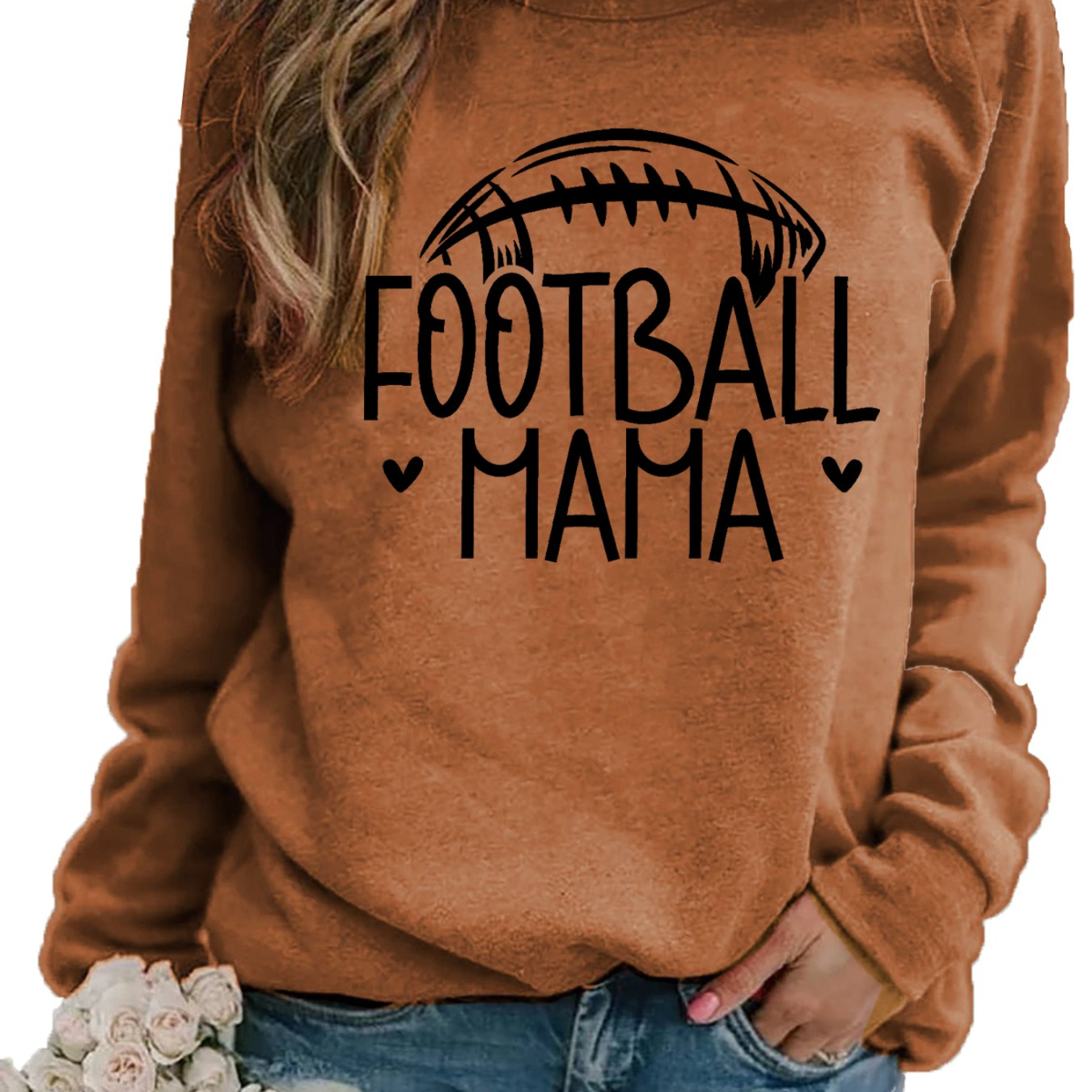 

Cotton Sweatshirt For Women With Football And "football Mama" Print, Casual Long Sleeve Pullover With Round Neck, Alphabet Letter Embellishment, Knit Fabric, Regular Fit For Daily And Leisure Wear