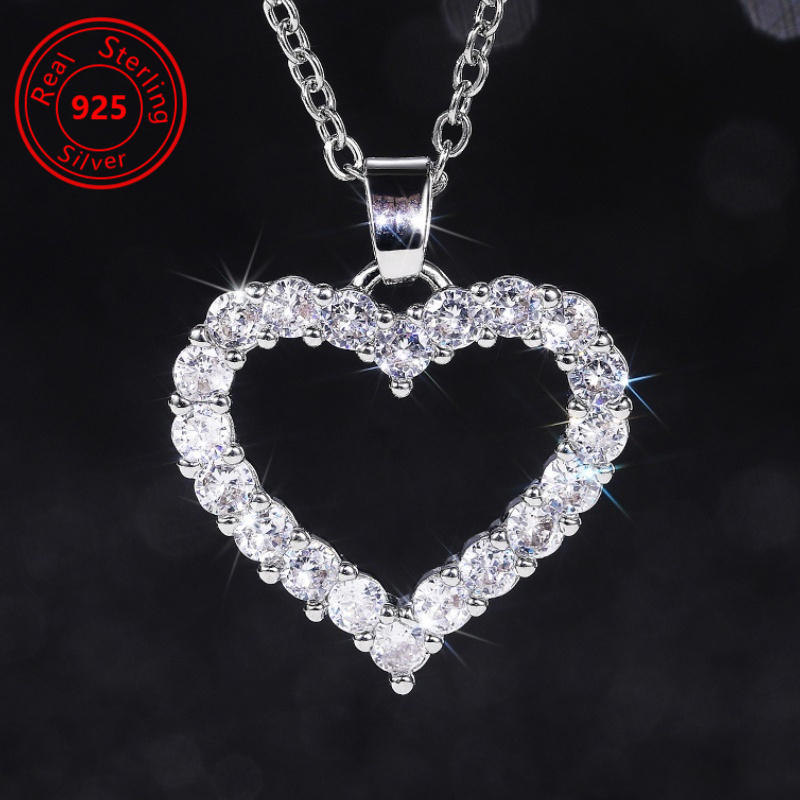 

1pc Romantic Heart-shaped Zirconia Pendant Necklace 925 Sterling Silvery For Men And Women Engagement And Wedding Gift