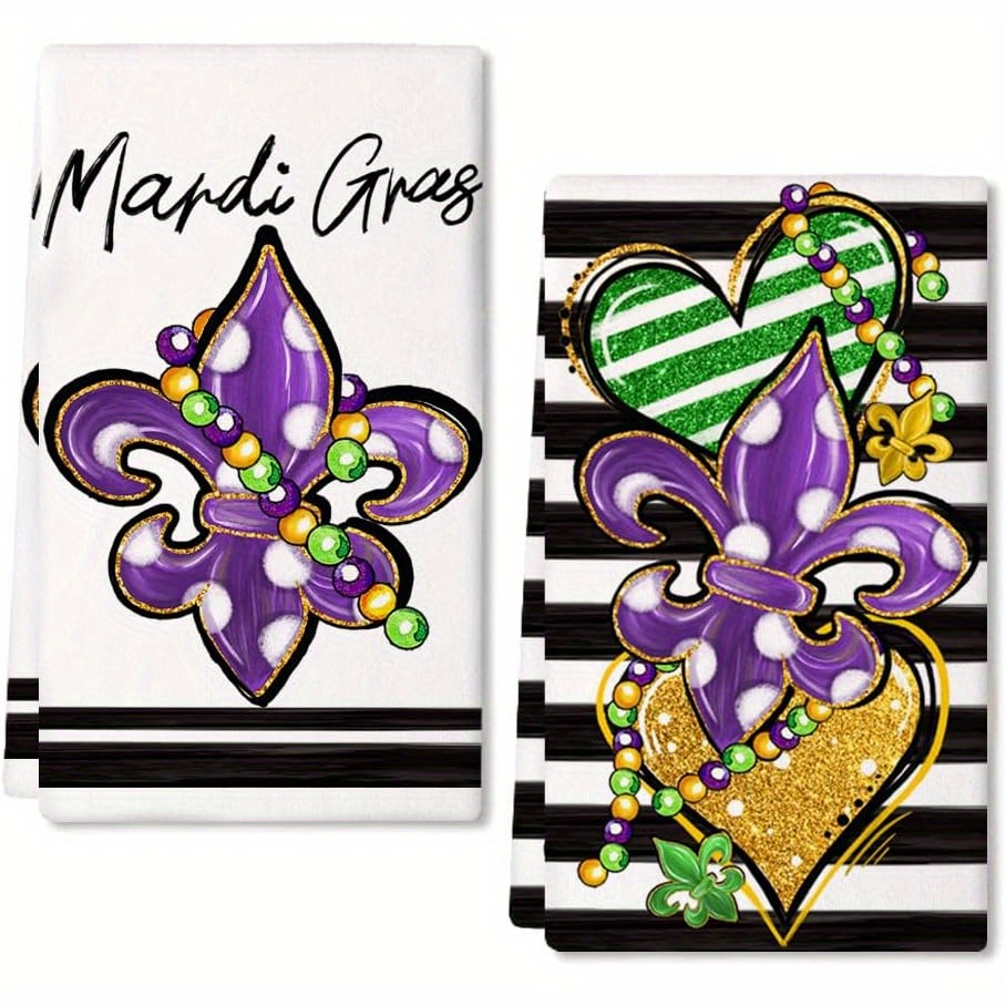 

2pcs Set Mardi Gras Kitchen Towels - Purple Fleur With White Polka Dot Beads, 18x26 Inch Polyester Dish Towels For Drying And Seasonal Holiday Decor Ad192, Christmas Kitchen Towels, Thanksgiving