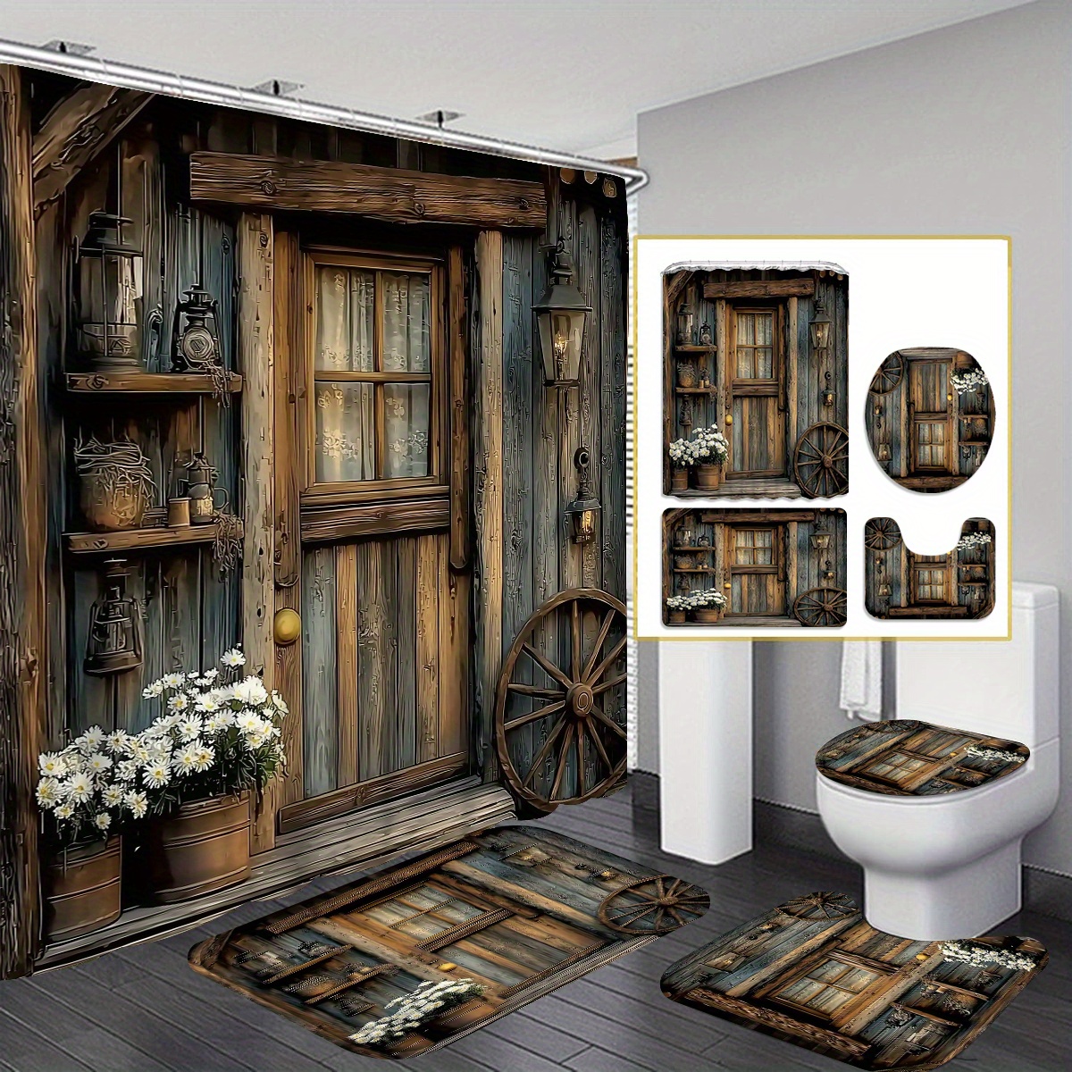 

Rustic Cabin Door Shower Curtain Set With 12 Hooks – Woven Polyester Fabric, Water-resistant Artistic Bathroom Decor, Includes Non-slip Mat, U-shaped Toilet Rug, And Toilet Lid Cover