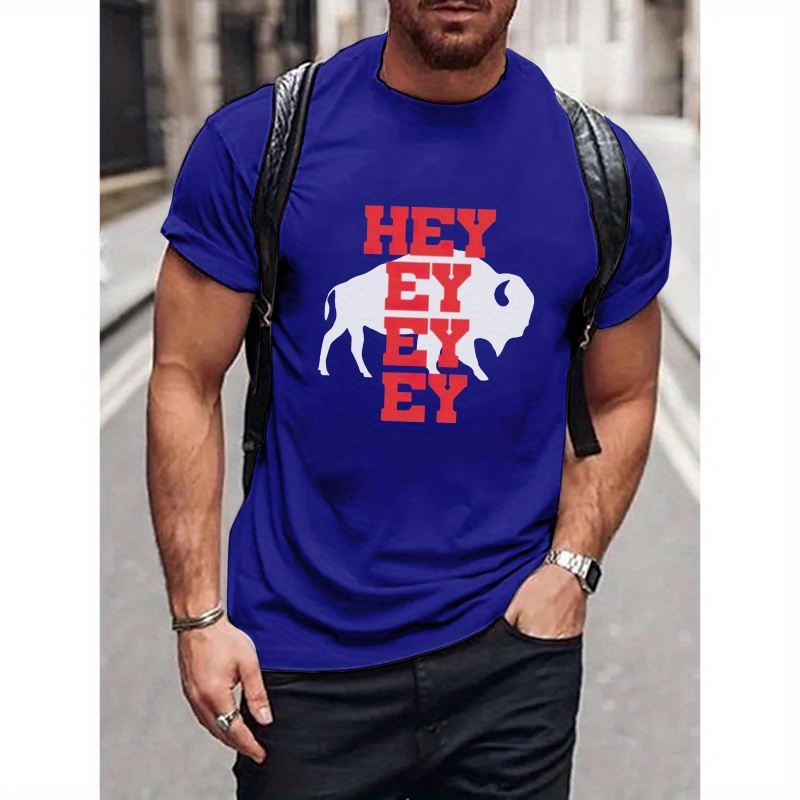 

Hey Ey Ey Ey Buffalo Silhouette Print, Men's Casual Crew Neck Short Sleeve T-shirt, Comfy Outdoor Top For Summer