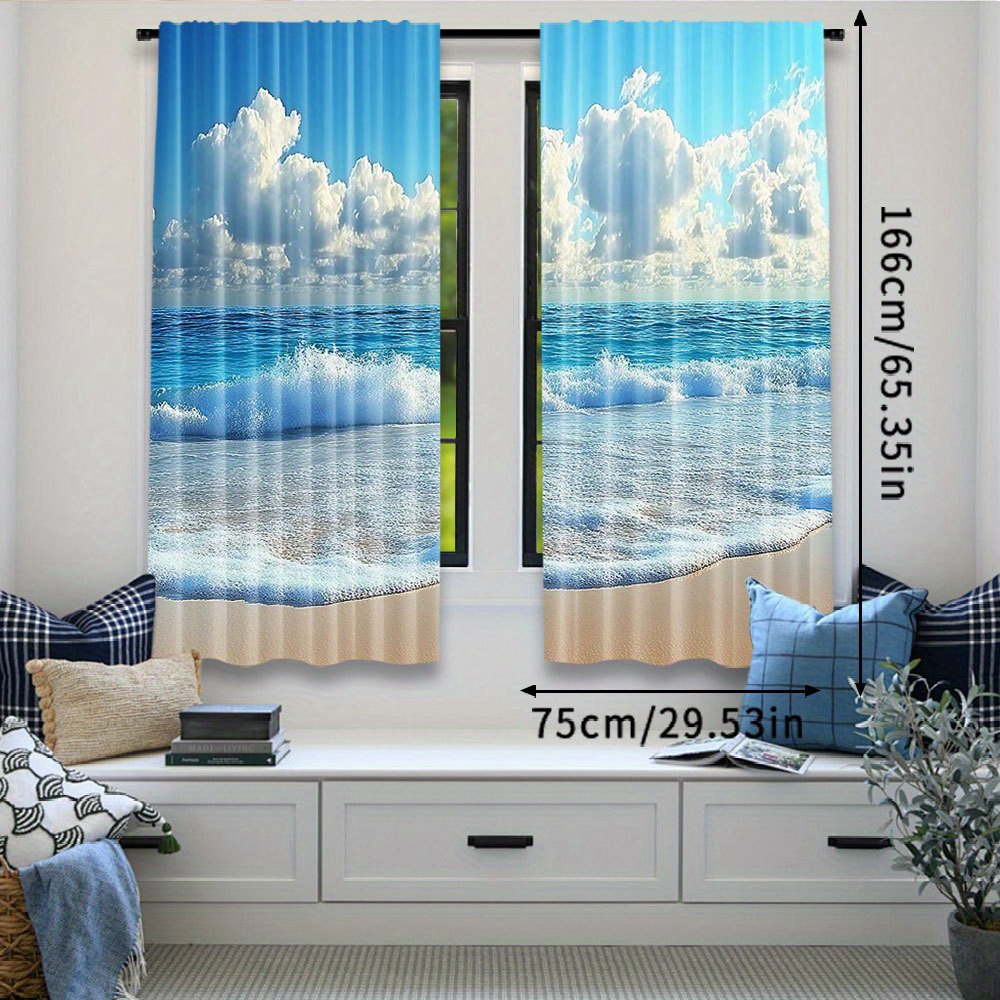 TEMU 2pcs Ocean Sea Beach Curtain Seaside Landscape Summer Seashore Coastal Scenery Suitable For Bedroom Bathroom Living Room Dining .53x65.35in,