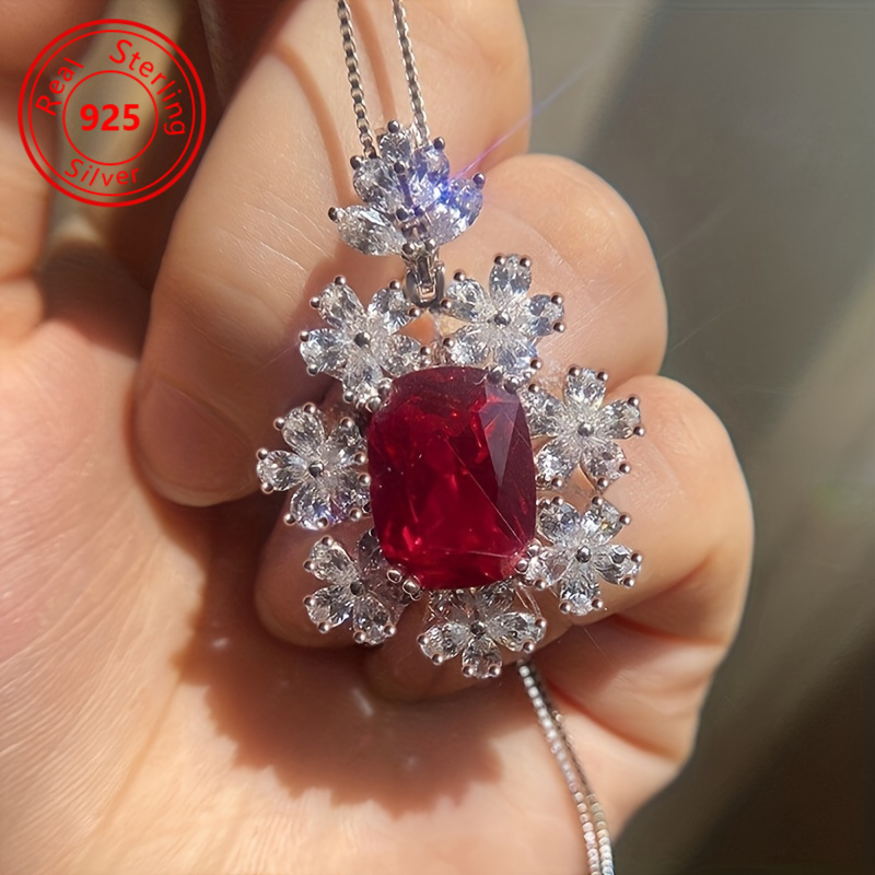 

1pc 925 Pure Silvery Oval Cut Red Zirconia Flower Necklace, Suitable For Men And Women Wedding Party Jewelry