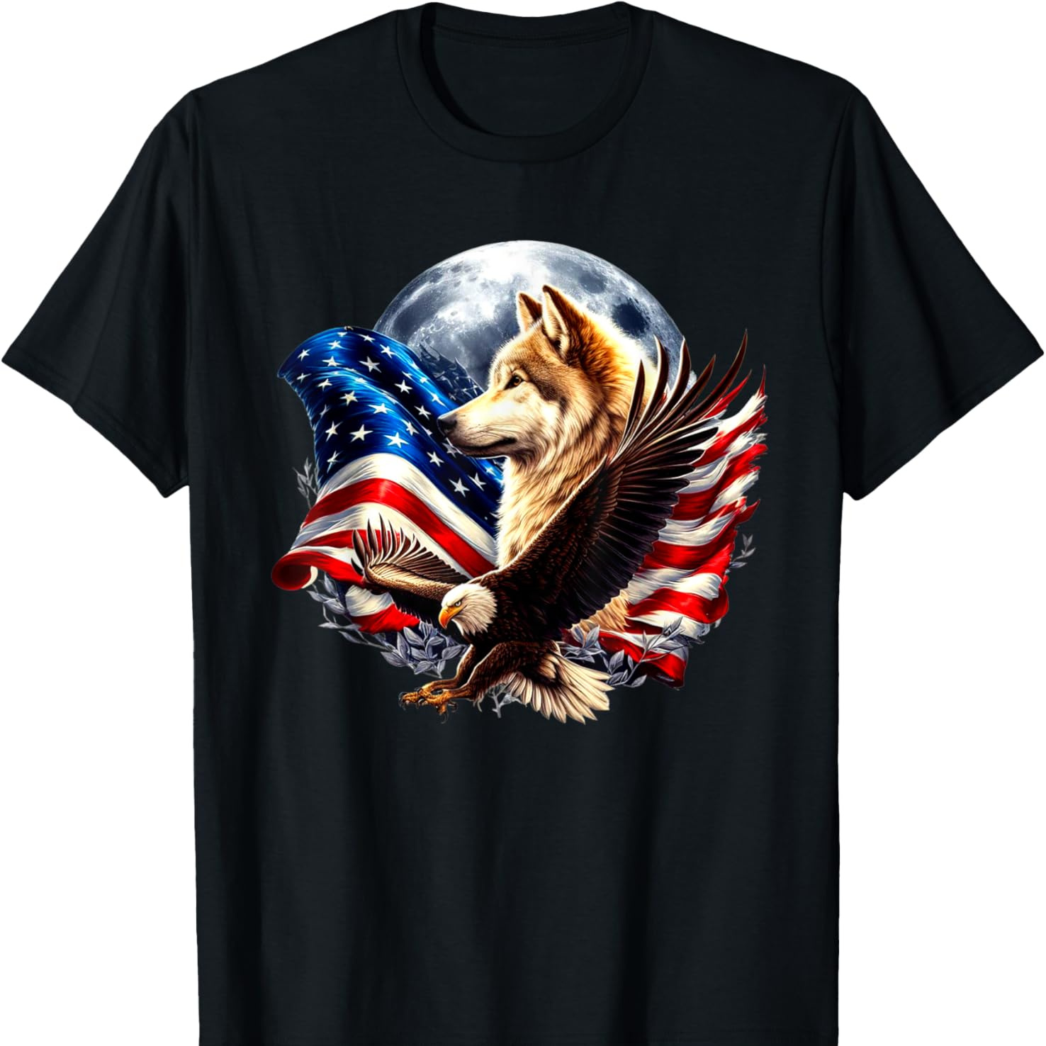 

Wolf Bald Eagle American Flag Full Moon New Years T-shirt Soft And Breathable For All Seasons And A Good Fit Comfortable Leisure Sports Christmas Gift