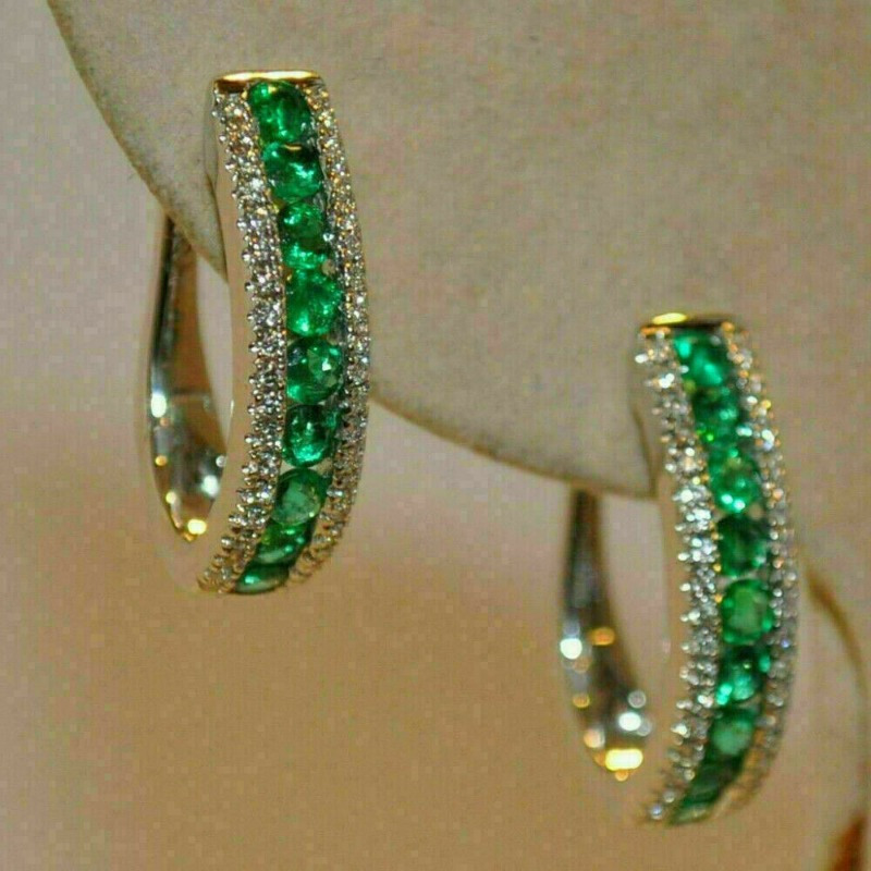 TEMU Elegant U-shaped Hoop Earrings With Micro-inlaid Synthetic Emerald & Cubic Zirconia, Kc Golden Plated Copper - Ideal For Banquets, Parties, And