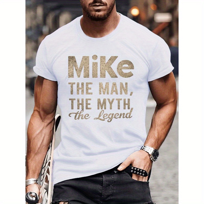 

Mike The Man, The Myth, The Legend Graphic Tee - Polyester Knit Fabric Crew Neck Casual T-shirt With Slight Stretch, Geometric Pattern - Men's Regular Fit Short Sleeve Shirt For Summer