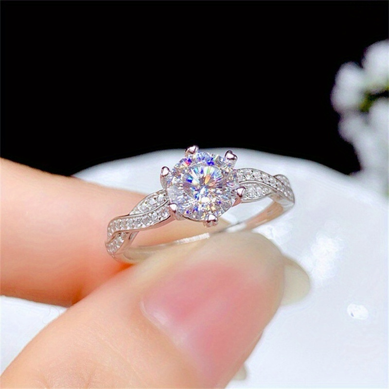 TEMU 1pc Stylish Six-prong 925 Sterling Silvery Round Zirconia Ring For An 's Engagement Ring With A Twisted Opening Ring