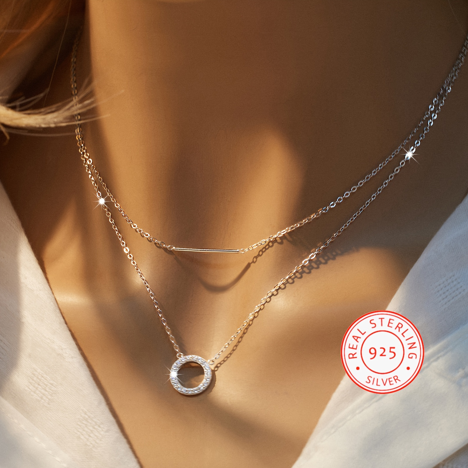 

1 Piece Of 925 Sterling Silver Double-layer Necklace With Hollow Circular Pendant And Cubic Zirconia Design, Women's Jewelry Gift