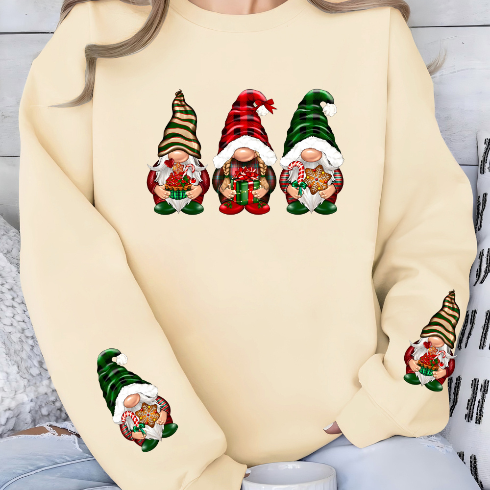 

Christmas Gnome Print Long Sleeve Casual Crew Neck Sweatshirt, 100% Polyester Knit Fabric, Women's Fall/winter Pullover Top