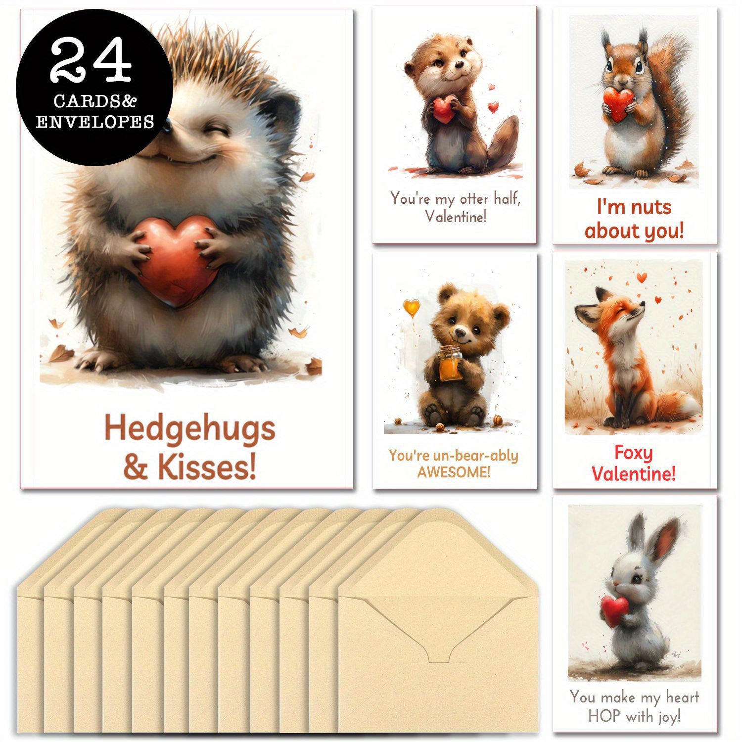 

24- Themed Greeting Card Set With Envelopes - Cute Hedgehog, Fox, And Squirrel Designs For Valentine's Day, Anniversary, And - Paper Notecards For