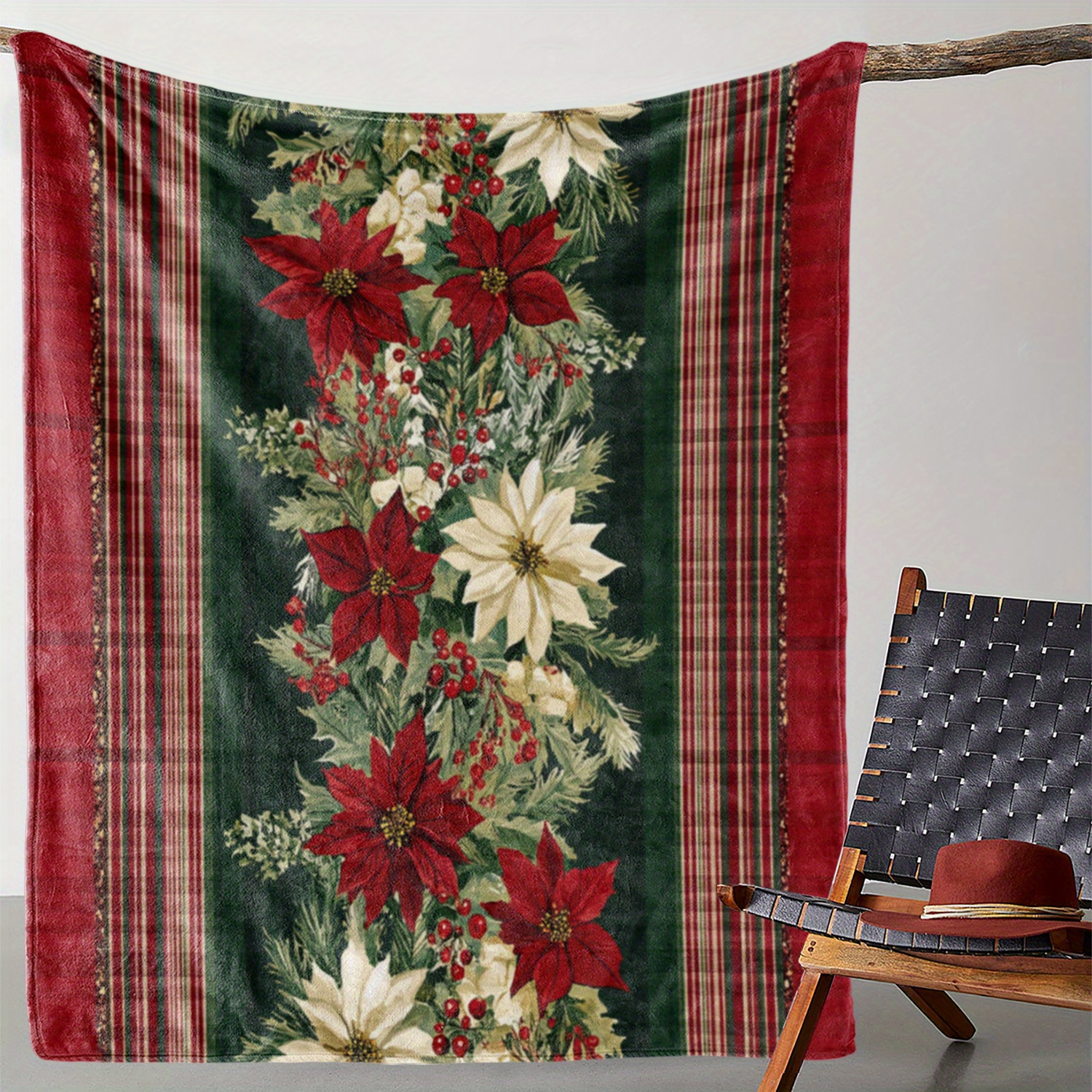 

Vintage Flannel Throw Blanket With Poinsettia And Holly Print – Soft, Cozy, And Warm Polyester Knitted Throw For Sofa, Bed, Office, Car, Camping, Travel – All Floral Printed