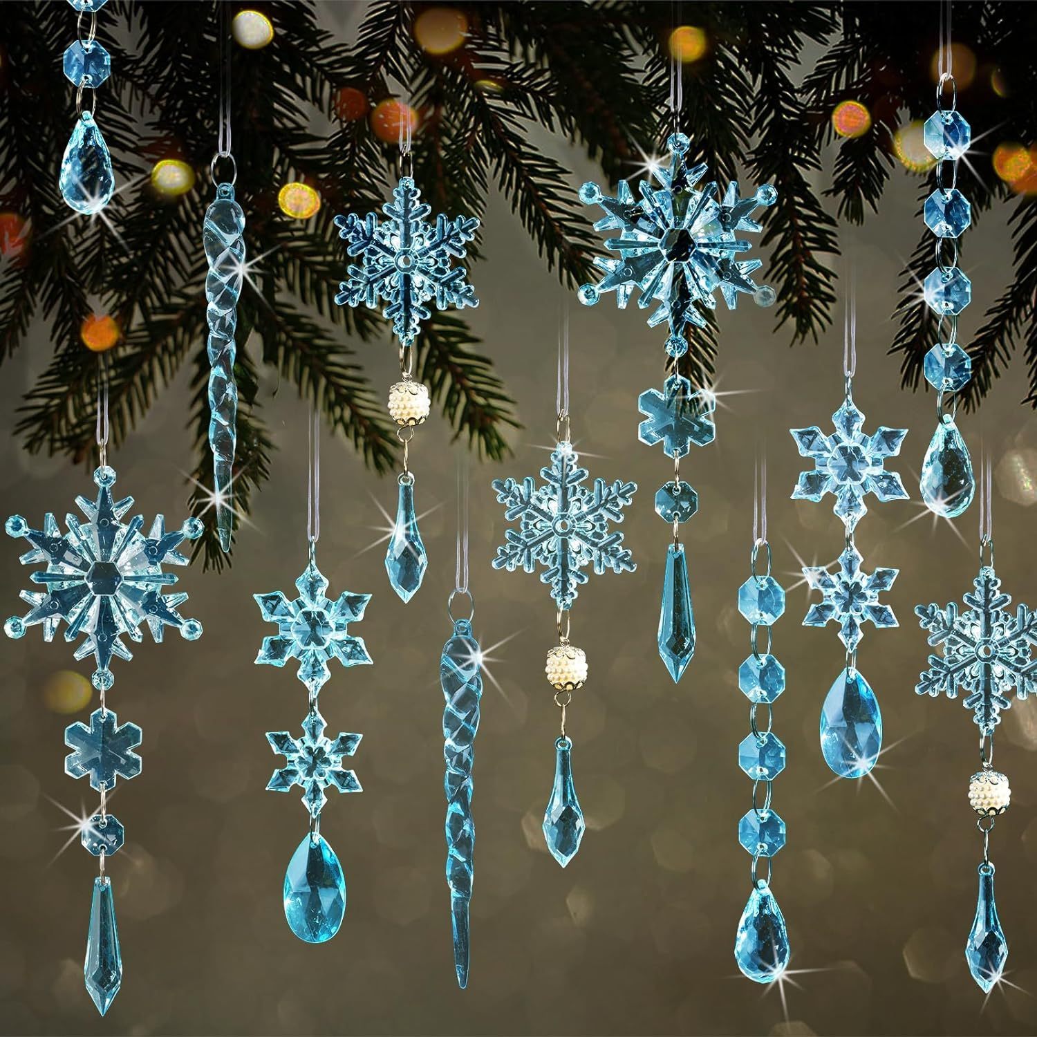 

18pcs Christmas Ornaments Set – Acrylic Snowflakes & With Crystal Drop Pendants, No-electricity Sparkling Light Decor, Hanging Tree Decorations For Christmas, New Year & Seasonal Festivities