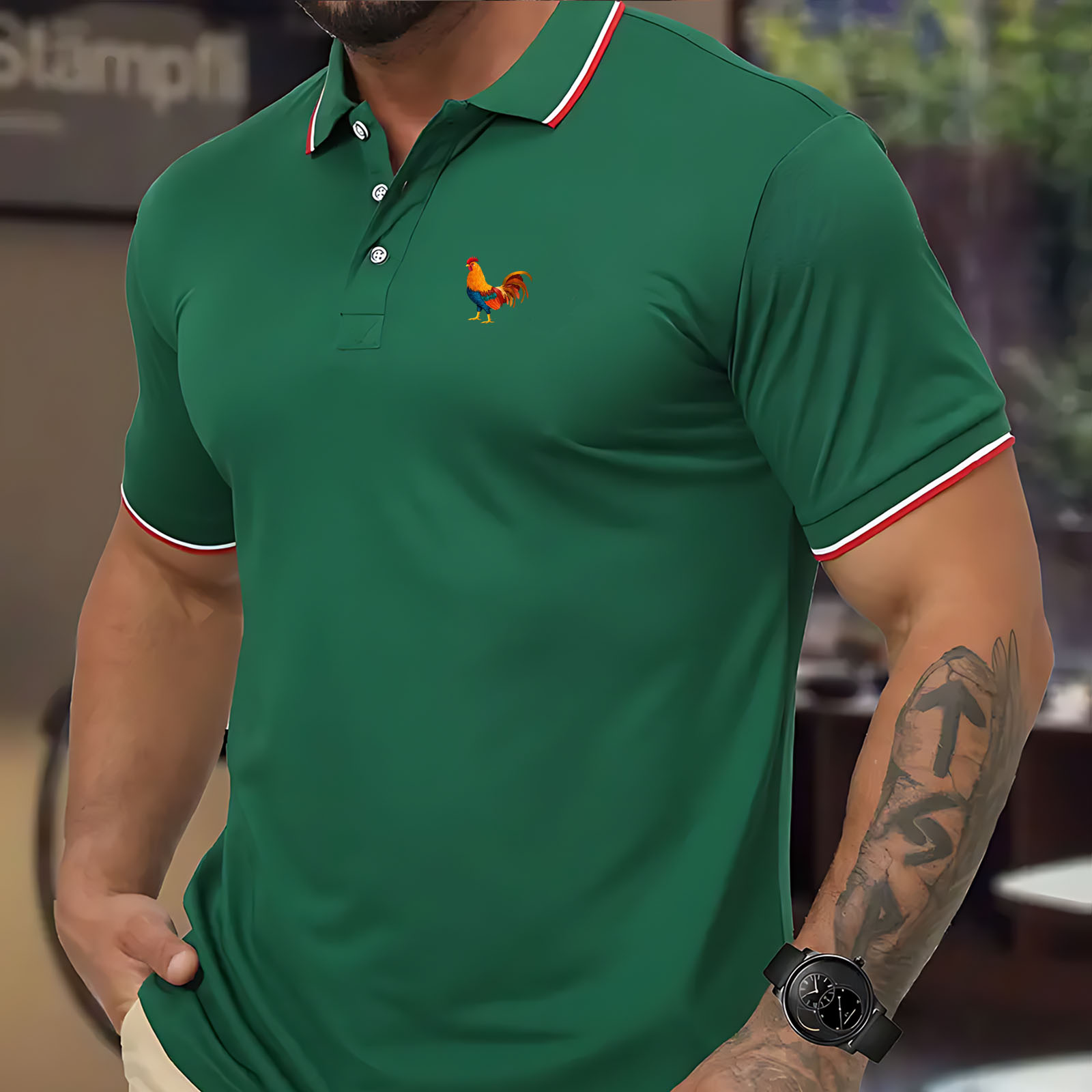 

Men's Casual Fashion Polo Shirt With Embroidered Rooster, Knit Polyester Fabric, Regular Fit, Lapel Collar, Button Details, Slight Stretch, Geometric Pattern - Summer Collection