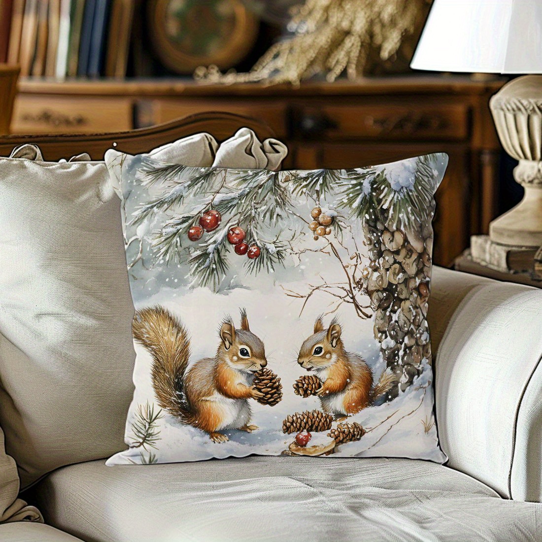 

Squirrel Under Snow Throw Pillow Cover, 100% Polyester Velvet, Double-sided Print, Contemporary Style (17.7"x17.7") - Sofa & Chair Decor, Zip Closure, Machine Washable, Home Accent