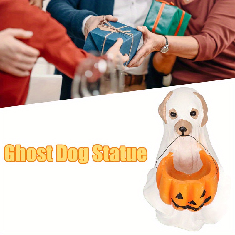 Aclema Ghost Dog Halloween Decoration With Small Pumpkin - 9.5" Tall Resin Figurine For Home, Desk, And Fall Decor
