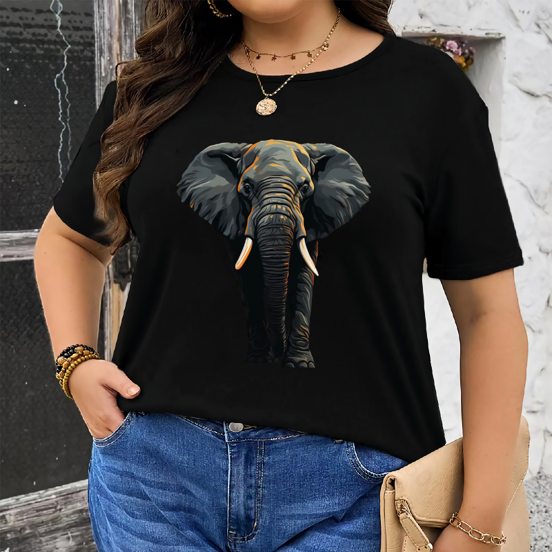 

T-Shirt Chic Grande Taille à Imprimé Éléphant - Col Rond Décontracté, Haut à Manches Courtes pour Femme - Mode Printemps & Été