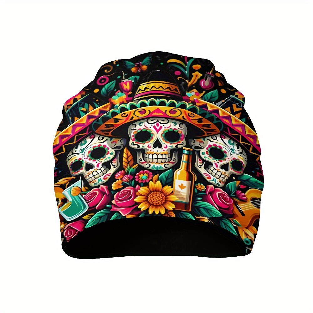 

Skull Knitted Beanie Hat - Unisex Soft Skullies With Day Of The Dead Design, Stretchy Polyester Spandex Blend, Casual Style