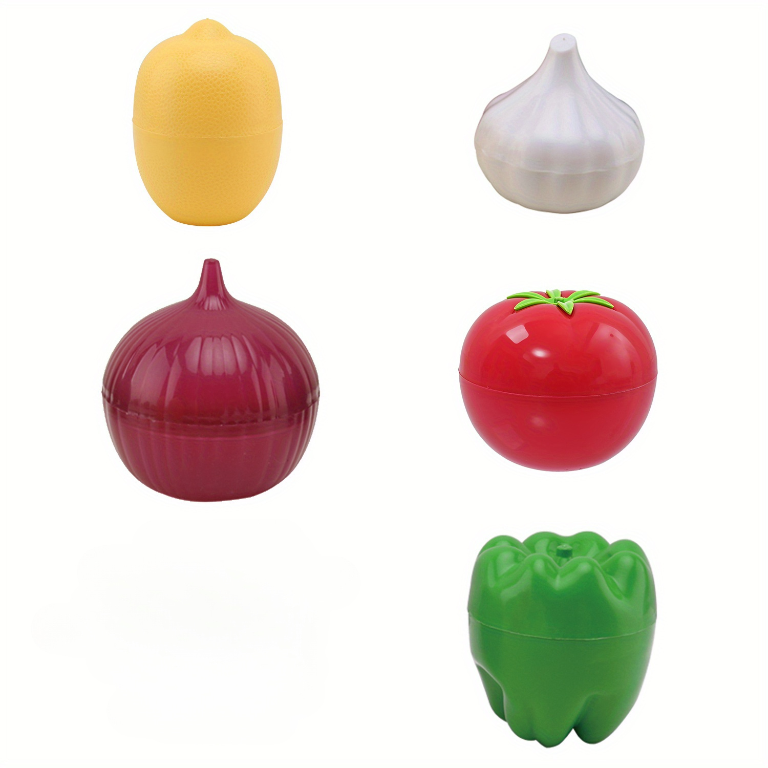 

5-piece Set Fruit & Vegetable Shaped Pp Storage Containers - Uncharged Polypropylene Fresh-keeping Saver Boxes For Lemon, Green Pepper, Tomato, Onion, Garlic - Kitchen Organization Accessories