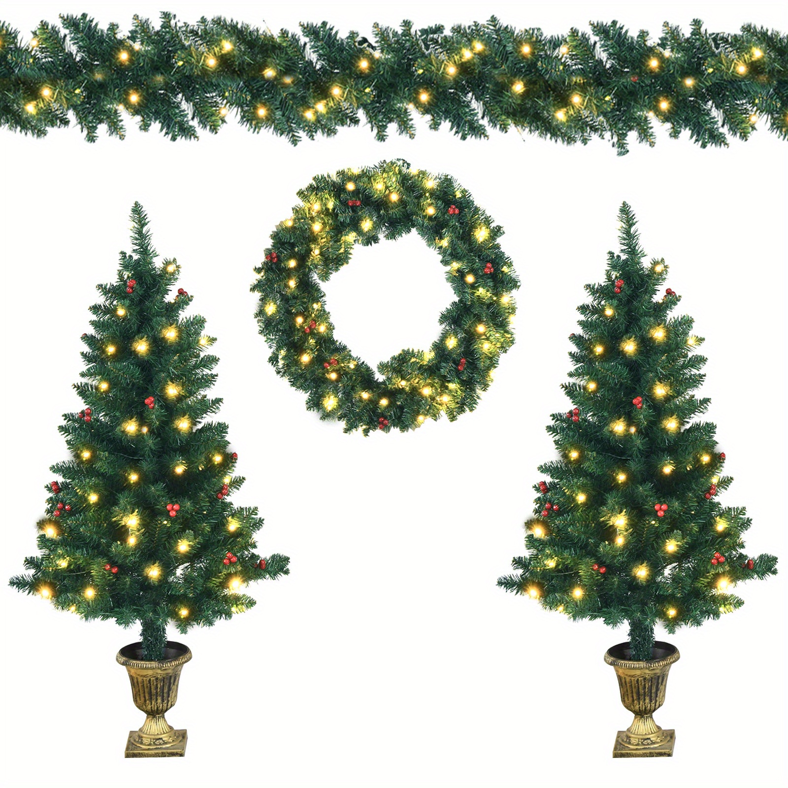 

Petsite Pre-lit Christmas Decoration Set, 4pcs Set Of Wreath, Garland & 2 Realistic Entrance Trees, Premium Pvc, 200 Led Lights, , 6-hour Timer Control, Holiday Christmas Set