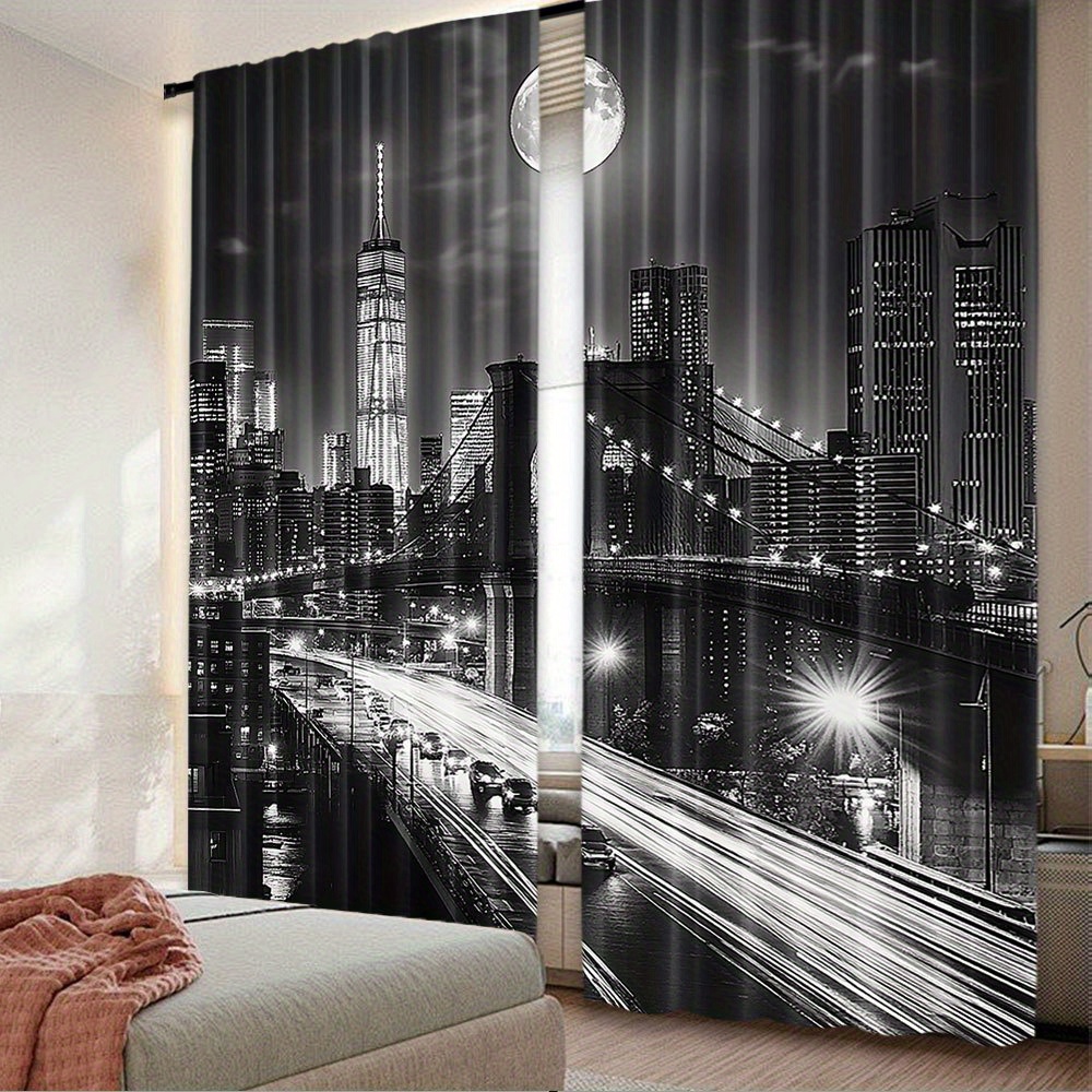 

Night Scene Blackout Curtains - Woven Polyester 2 Panels, Rod Pocket, Roller Embossed, Contemporary Style, Machine Washable For Bedroom, Living Room - Print