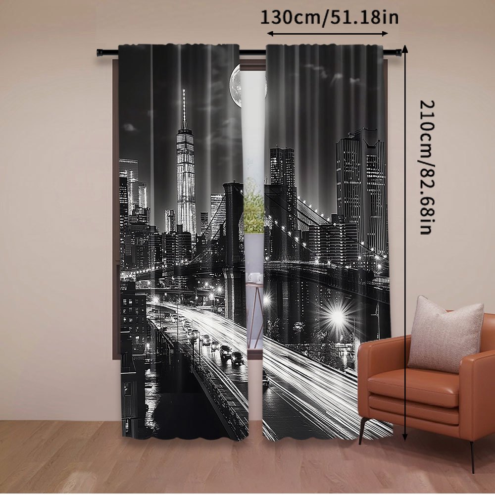 TEMU 2d Flat - 2d Flat - Set Of 2 Black And White Curtains Featuring A Night View Of City, Showcasing In Brooklyn And . Ideal For Bedrooms, Living