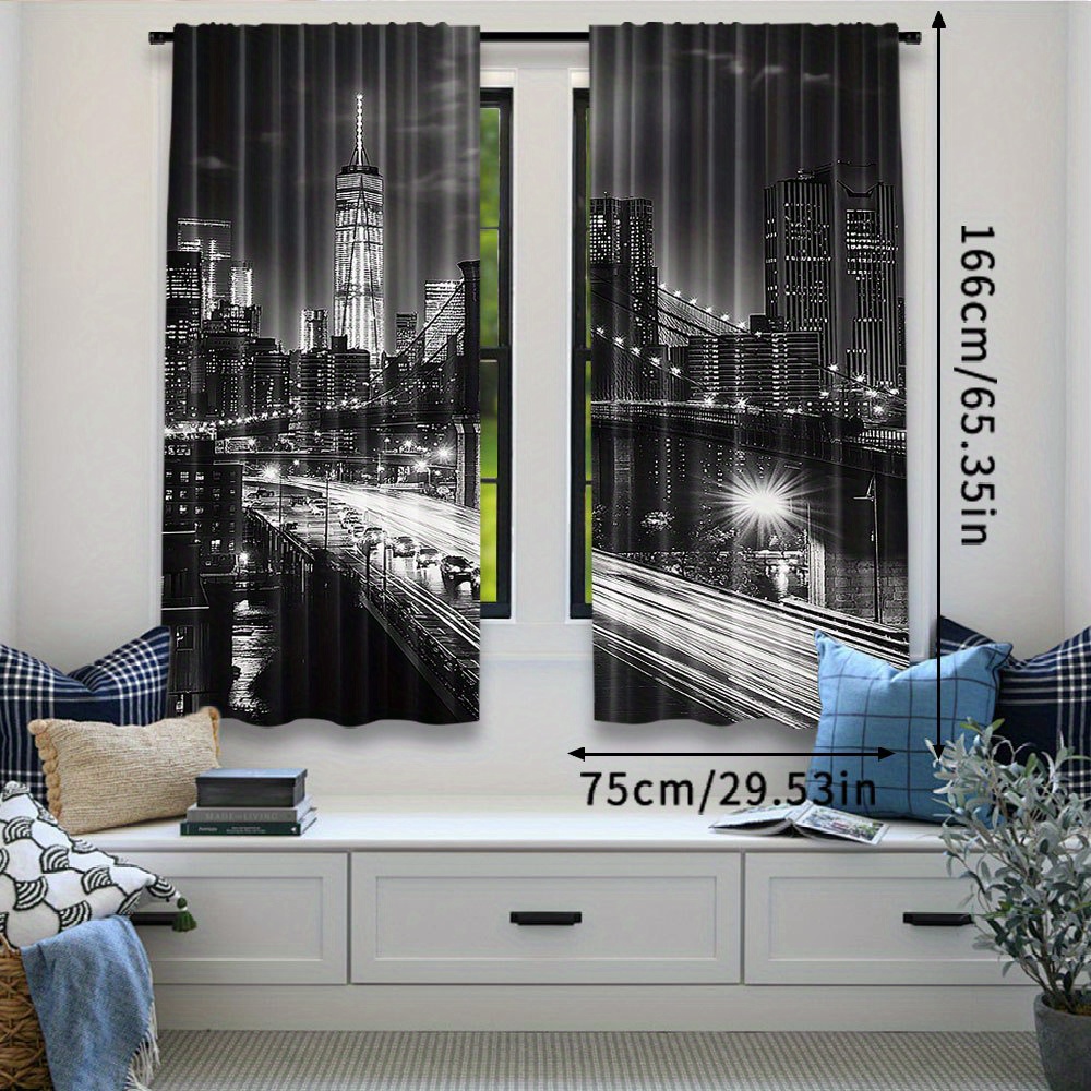 TEMU 2D Plat - Ensemble de 2 rideaux et blanc représentant une vue de nuit de , mettant en valeur à Brooklyn et à . Idéal pour , les salons, les à