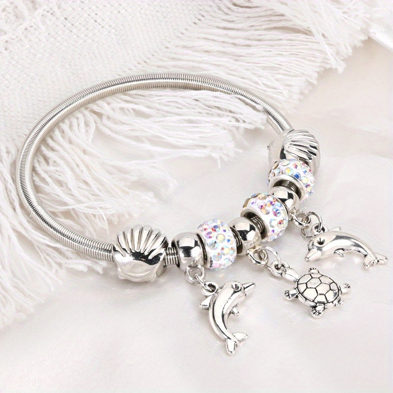 

Boho-chic Dolphin & Turtle Charm Bracelet With Colorful Beads - Stainless Steel, Fashion Accessory