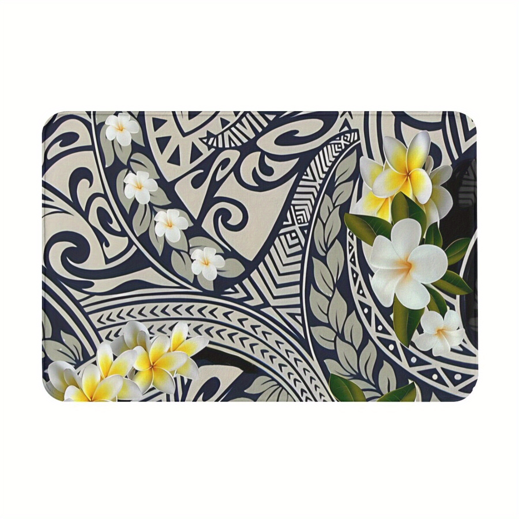 

Hawaiian Tapa & Plumeria Design Bathroom Mat - Lightweight, Machine Washable Polyester Rug For Home Decor