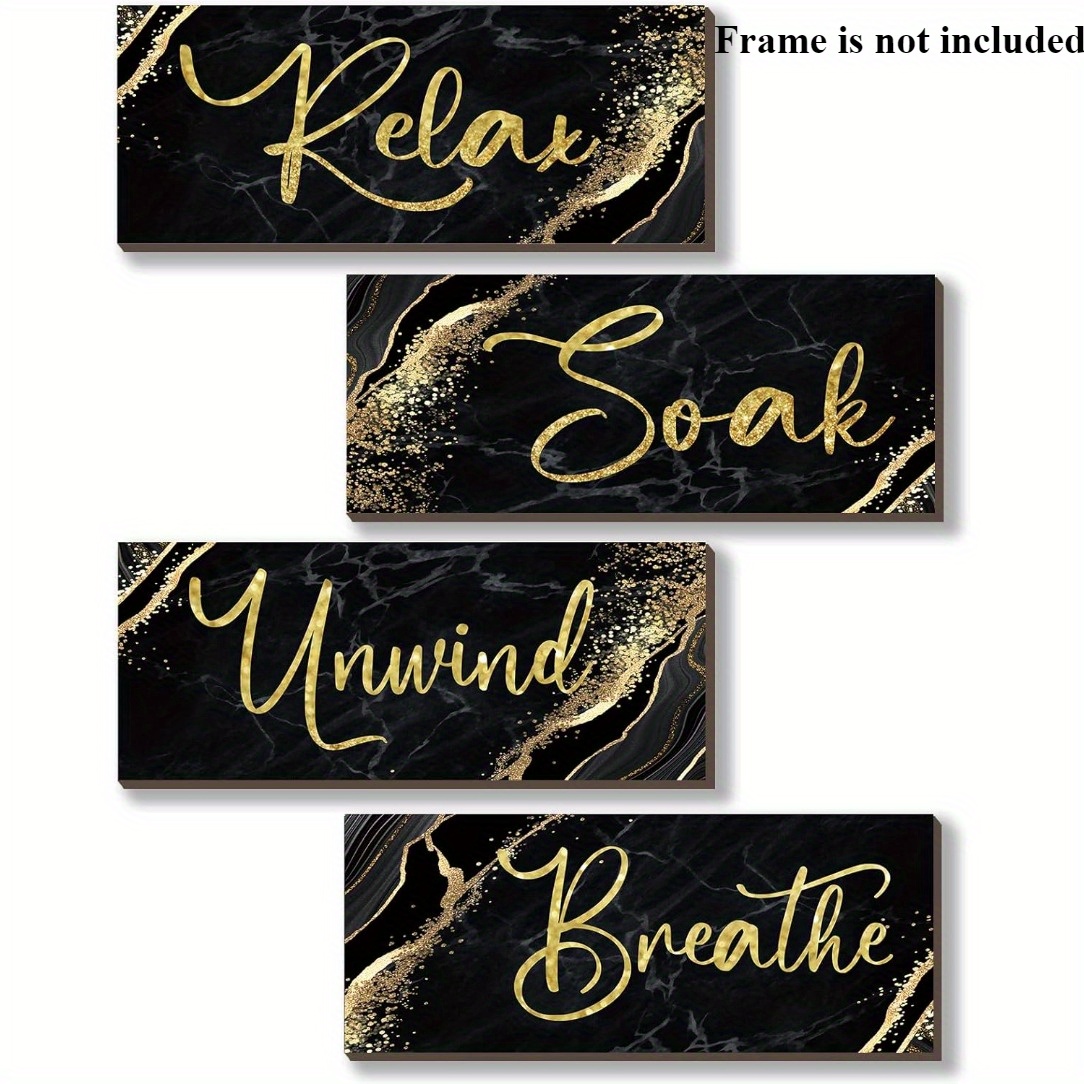 TEMU 2d Flat, 4pcs Frameless Black And Golden Bathroom Decor Black Golden Wall Decor Relax Soak Breathe Rustic Marble Style Bathroom Accessories For