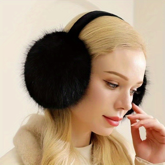 Women's Winter Faux Fur Warm Foldable Knit Cashmere Earmuffs - Outdoor Stretchable Plush Ear Warmers, Cute Frostbite-Resistant Ear Covers details 3