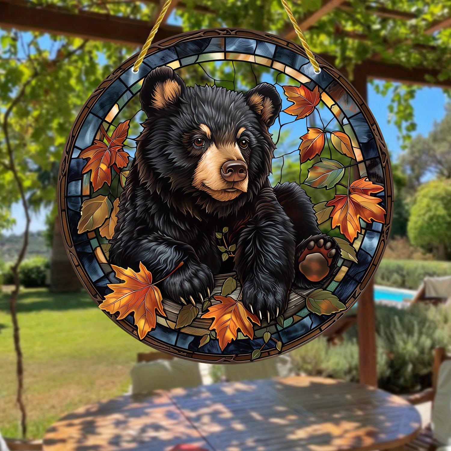 

1pc, Fall Acrylic Bear & Maple Leaf Suncatcher - Farmhouse Style Round Hanging Decor For Home, Room, Porch, Yard, Window, Wall, Farm - Perfect Holiday Gift, Autumn Thanksgiving Decor