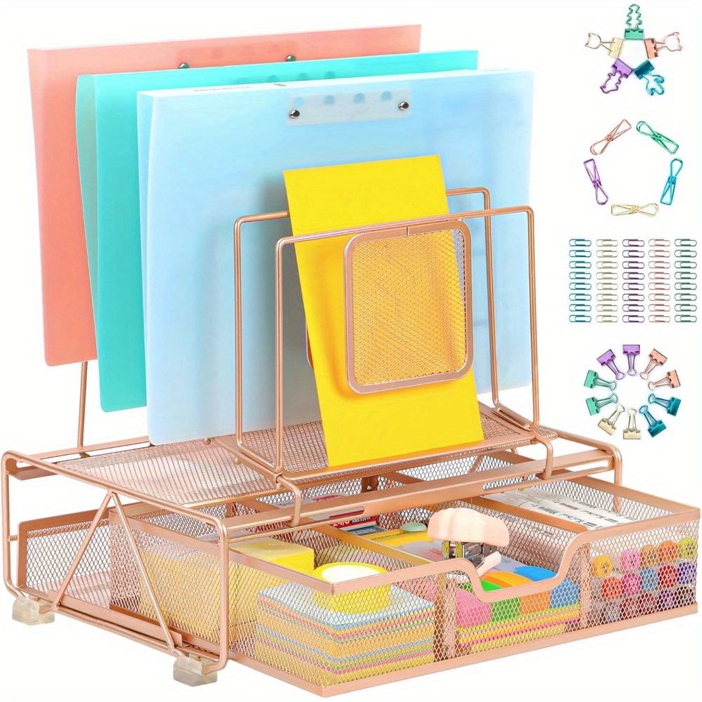 

Rose Gold & Gold Desk Organizer And Accessories Storage With 5 Stacking File Folder Sorter, Paper Tray, Drawer, 60 Colorful Clips Set (included), Desktop Organization For Women Office